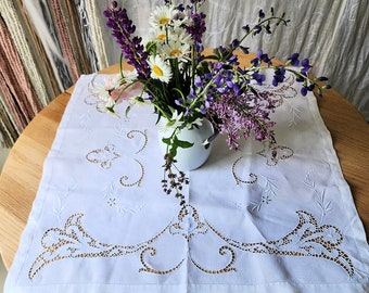 White embroidered vintage linen table cloth, all hand made late 1800s-1930s