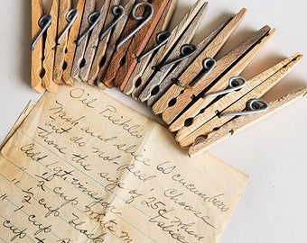 10 vintage wooden clothespins with antique "Oil pickles recipe"