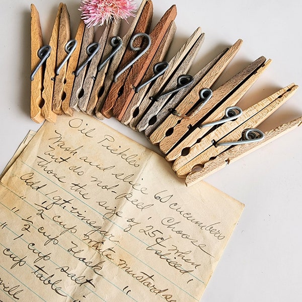 10 vintage wooden clothespins with antique "Oil pickles recipe"
