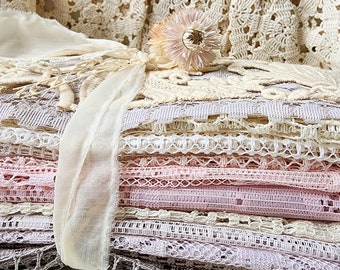 Hand dyed vintage lace curtain different textures GREY PINK BEIGE bundle