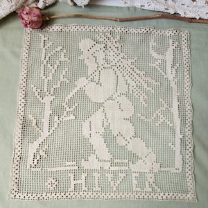 Antique handmade netted filet lace HIVER motiff 12 by 12 inches
