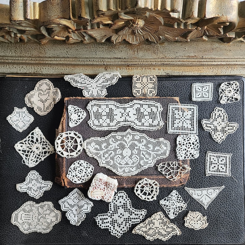 Set of miniature antique doilies, lace inserts image 1