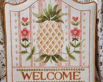 Vintage needlepoint wall decoration WELCOME, pinapple and flowers