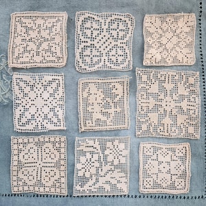 May include: Eight square off-white lace doilies featuring intricate needlework patterns including floral, geometric, and grid motifs. Each piece displays a unique openwork design with delicate thread loops and knotted edges arranged in a grid.