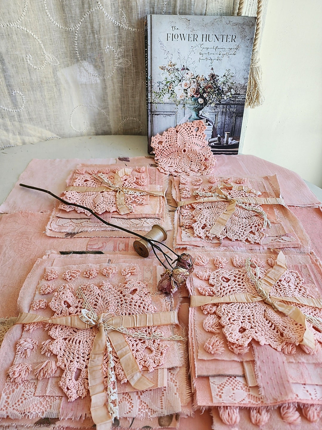 Vintage, antique textured fabric collection 8 squares 8 by 8 inches+ smaller pieces, bundle pink rose tonalities