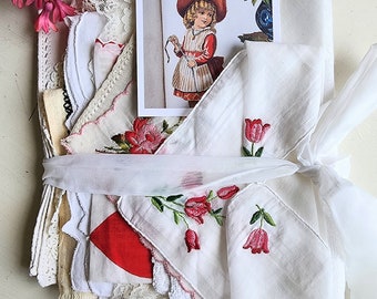 LOVE roses one-of-a-kind linen, fabric, lace craft inspiration bundle for junk journaling, slow stitching