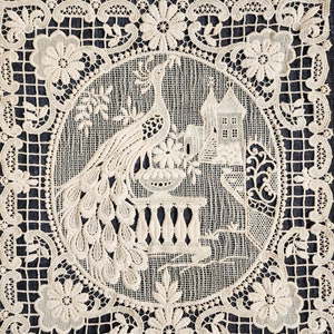 Vintage decorative cotton lace panel with peacock and castle made in France