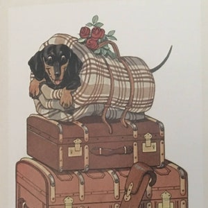 Carte vintage Bon voyage, Carte Teckel, Carte de souhaits, Carte Bagages, Carte valises