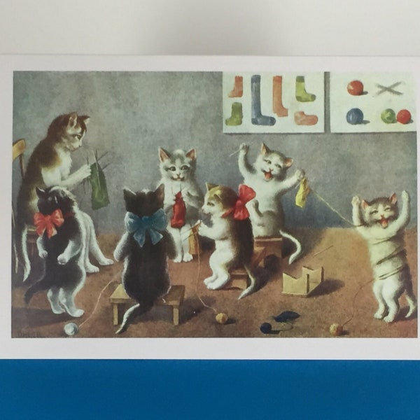 Vintage Greeting Card Knitting Cats, Knitting Cats Card, Vintage Cats, Knitting Lesson Card, Vintage Card, Retro Card, Vintage Image