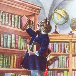 Carte vintage Chat bibliothèque, livres, souhaits, professeur, Lecteur, libraire, voeux, élève, étudiant, papeterie rétro, merci, librairie
