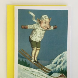Carte vintage Cochon en skis, Image Vintage, Image Retro, Carte cochon, Carte hiver, Carte fête, Carte vintage, Carte Noël, Carte Fêtes