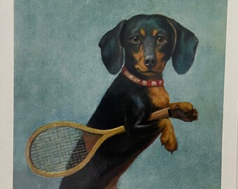 Funny Dachshund with Tennis Racket Card, Sport Card, Teacher Card, Humour Card, Comic Card, Professor Card, Dog Card, Thank You, vintage