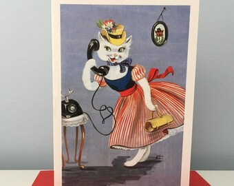 Retro Lady Cat on the Phone Card, Happy Birthday, Children, Friend, Woman, Sister, Mother, Teacher, Thank You, Vintage, Girl, 50s fashion