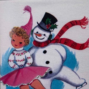 Skater Girl with Snowman Card, Holiday, Greeting, Winter, Vintage, Retro, Sister, Teacher, Skating, Child, Mother, skates