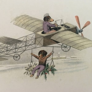 Carte Teckels en avion, Carte des Fêtes, Carte de Noël, Carte Hiver, Carte Vintage, Carte Retro, Carte Avion, Carte Chiens humanisés