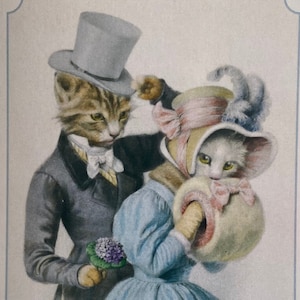 Carte Couple chats amoureux humanisés, vintage, mode retro, Anniversaire mariage, St-Valentin, Amour, Belle Époque, époux, mari, bonne fête