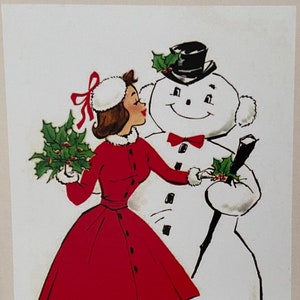 Carte de Noël Rétro Femme et Bonhomme de neige, Vintage, hiver, fêtes, années 50, professeur, sœur, mère, amie, féminine, années 60