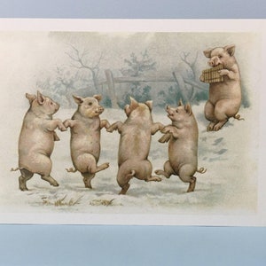 Carte vintage Cochons dansant dans la neige, Image Vintage, Image Retro, Carte cochons, Carte hiver, Carte Danse, Carte musique