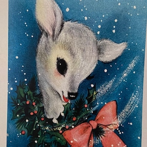 Carte de Noël Biche au ruban, Fêtes, Vintage, Retro, Rudolph, professeur, Merci, Hiver, Faon, Renne, Joyeux, soeur, mère, professeur, amie