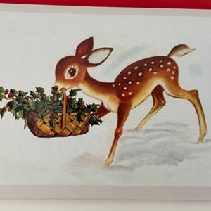 Carte de Noël Biche panier de houx, Joyeuses Fêtes Renne, Vintage, Retro, Rudolph, Joyeux Noël, professeur, Merci, Soeur, amie, mère, enfant