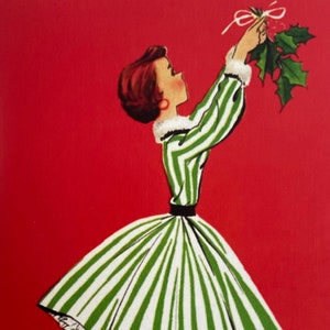 Carte de Noël Rétro Femme accrochant gui, image vintage, Joyeuses fêtes, mode années 50, Cadeau professeur, mère, Soeur, amie, bonne année
