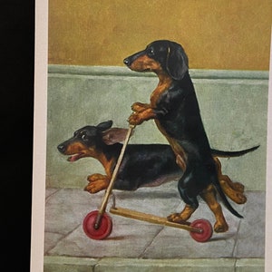 Carte vintage Teckels en trottinette, bonne fête, merci, voeux, souhaits, Professeur, LGBTQ, Gay, amitié, amour