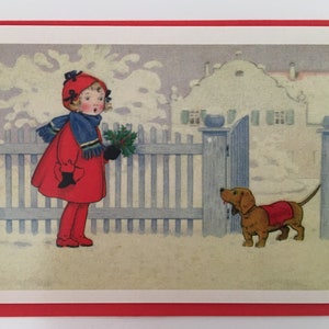 Carte de Noël Fillette et chien, Carte des Fêtes, Carte Vintage, Image Vintage, Carte Retro, Carte Hiver, Carte Teckel, Carte Professeur
