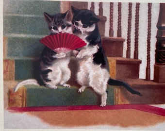 Vintage Cat Couple Card with Red Fan, Anniversary Greeting Card, Lovers Card, Valentine Card, Wedding Card, LGBT, Love Card