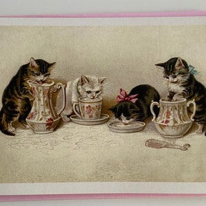 Vintage Kittens with Tea Set, Cat Card, Teapot Card, Vintage Tea Card, Teacher Card, Children Card, Mother Card, Professor Card, Sister Card