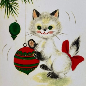 Carte Chat blanc et boule de Noël, Image Vintage, Retro, Joyeuses Fêtes, humanisés, Famille, Professeur, Soeur, Enseignante, Enfant