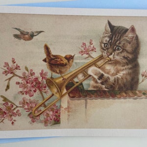 Carte Chat trompettiste, Tromboniste, Musique, souhaits, fête, Professeur, Trombone, Merci, Trompette, Orchestre, anniversaire, musicien