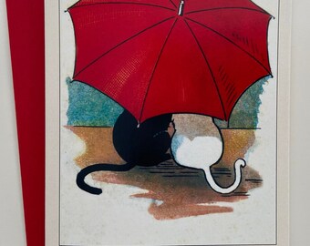 Vintage Cat Couple under Umbrella Card, Anniversary Greeting Card, Lovers Card, Valentine Card, Wedding Card, Gay Love, LGBT, Love Card