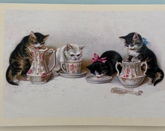Vintage Kittens with Tea Set, Cat Card, Teapot Card, Vintage Tea Card, Teacher Card, Children Card, Mother Card, Professor Card, Sister Card