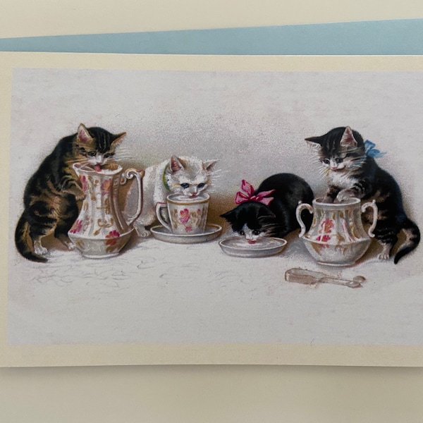 Vintage Kittens with Tea Set, Cat Card, Teapot Card, Vintage Tea Card, Teacher Card, Children Card, Mother Card, Professor Card, Sister Card