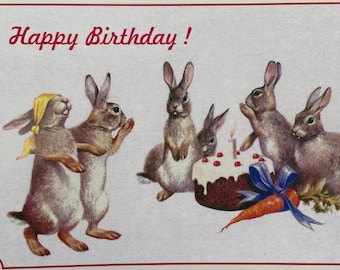 Happy Birthday Rabbits Card, Birthday Card, Birthday Party Card, Surprise Party Card, Children Card, Vintage Greeting Card, Birthday Cake