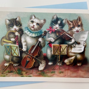 Carte Chats musiciens, Cours Musique, souhaits, Bonne fête, Professeur, Enseignante, Merci, Violon, Cor, Orchestre, Violoncelle