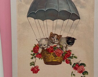 Vintage Kittens in hot air balloon  Card, Cat, Retro, Teacher, Children, Mother, Professor, Sister, Friend, BFF, Couple, bon voyage, trip