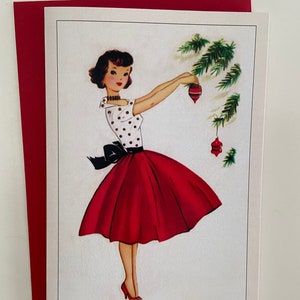 Carte de Noël Rétro, Image Vintage, Carte Femme jupe rouge, fêtes, années 50, Cadeau professeur, féminine, mode, décoration sapin, pin up