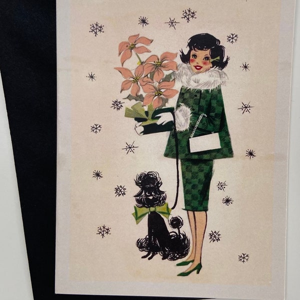 Retro Christmas Card Woman in Green with Pink Poinsettia, Vintage, Teacher, Mother, Sister, BFF, Holidays, 50S, 60S Fashion, Mod, Poodle