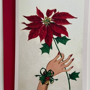 Carte de Noël Rétro Main et poinsettia, Vintage, fêtes, années 50, 60, Cadeau, sœur, mère, amie, mode, BFF, Mid Century, Vernis, Féminine