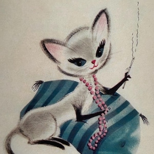 Carte Chat siamois féminin, Bonne fête, vintage, Amie, Soeur, mère, Professeur, Merci, Enseignante, Joyeux Anniversaire, BFF, perles