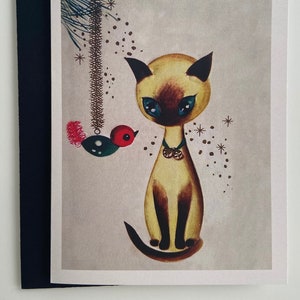 Carte Chat Siamois rétro regardant oiseau, Joyeux Noël, Joyeuses Fêtes, Vintage, Mère, Soeur, Amie, Meilleurs Voeux, Années 50, 60, Mid