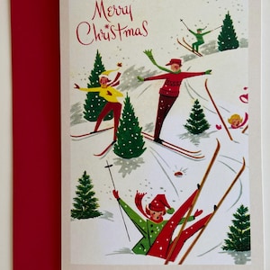 Carte de Noël Rétro Famille de skieurs, Vintage, Joyeuses fêtes, années 50, 60, sœur, mère, amie, femme, mari, enfant, neige, ski