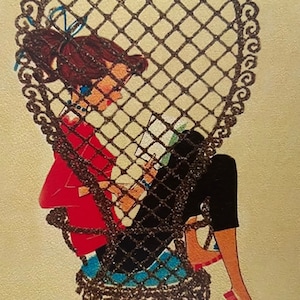 Carte Femme assise lisant, bonne fête, souhaits, Professeur, Rétro, joyeux Anniversaire, Soeur, Amie, Merci, chaise rotin, livre, lectrice