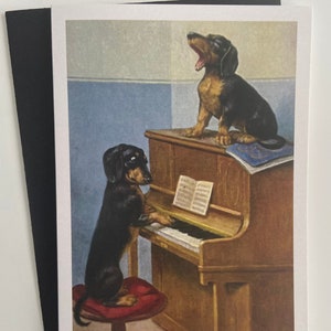 Carte vintage Teckel, Piano, Chant, souhaits, Voeux, Chanson, Musique, Professeur, LGBTQ, Gay, Joyeux anniversaire, St-Valentin, amour