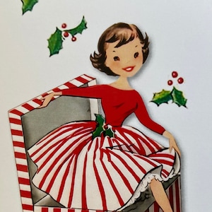 Carte de Noël Femme rétro et cadeau, Vintage, hiver, Joyeuses fêtes, années 50, 60, professeur, sœur, mère, amie, mode, BFF, Mid Century
