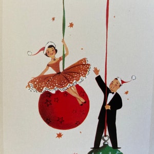 Carte de Noël Rétro Femme et homme, Image Vintage, Retro, hiver, fêtes, années 50, Carte Cadeau, couple, amoureux, boule