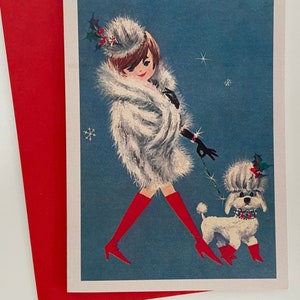Carte de Noël Rétro Femme et caniche aux bottes rouges, Vintage, hiver, fêtes, années 50, Carte Cadeau professeur, sœur, mère, amie, mode