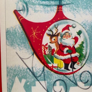 Carte de Noël Père Noël en hélicoptère, Happy Holidays, Fêtes, Vintage, Retro, Hiver, Renne, Anglais, Enfant anglophone, famille