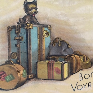 Carte vintage Bon voyage Chien, Carte de souhaits, Bagages, Carte valises, Rétro, Au revoir, Voyageur, Globe-trotter